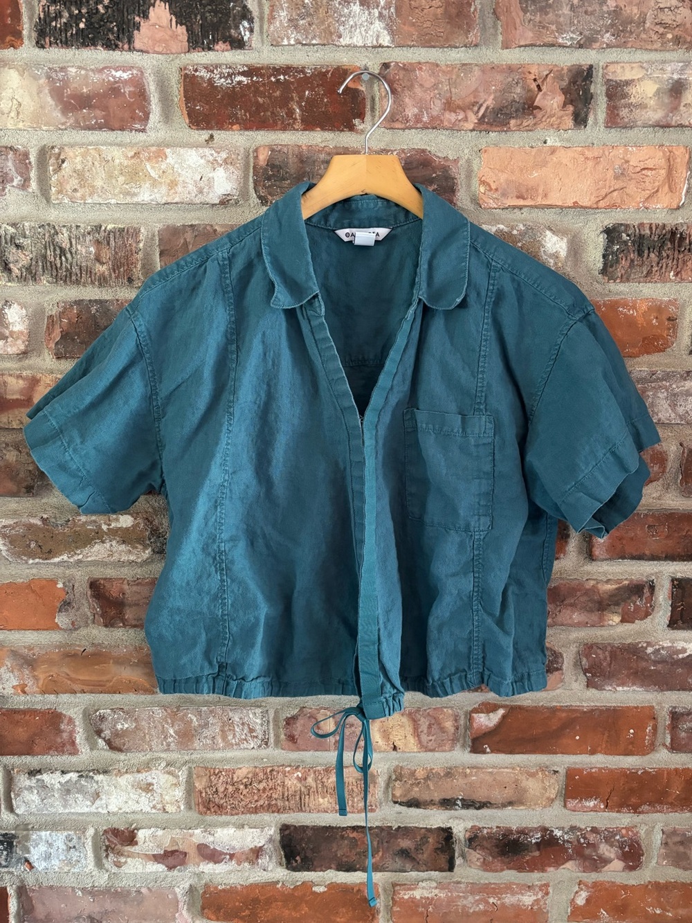 Athleta Teal Short-Sleeve Collared Crop Top